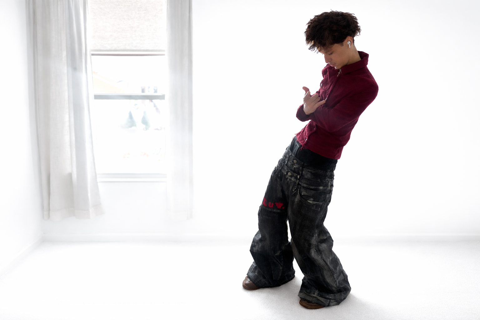 black double waist (WAX) Baggy flare jeans