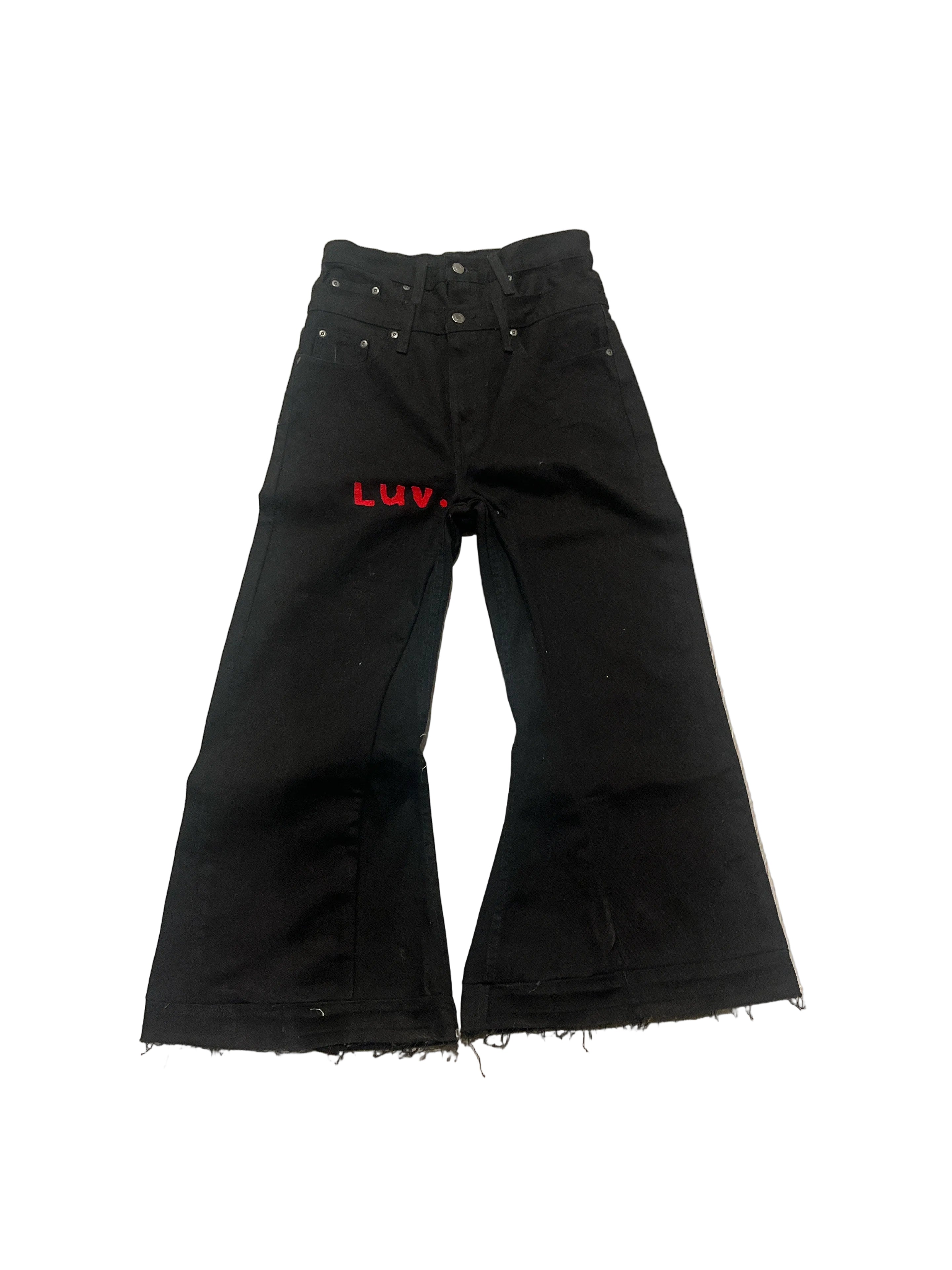 Black double waist denim baggy flare jeans