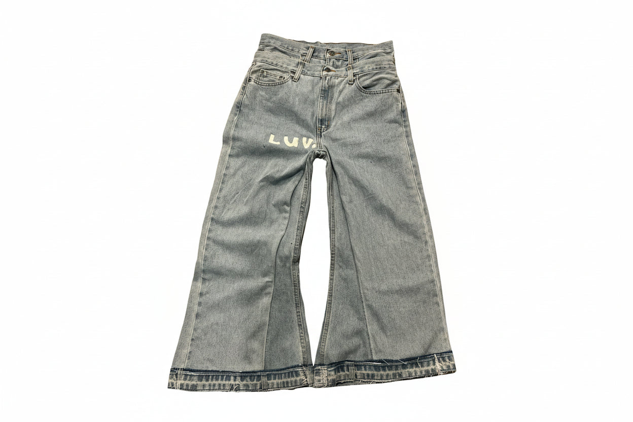light wash double waist denim baggy flare jeans