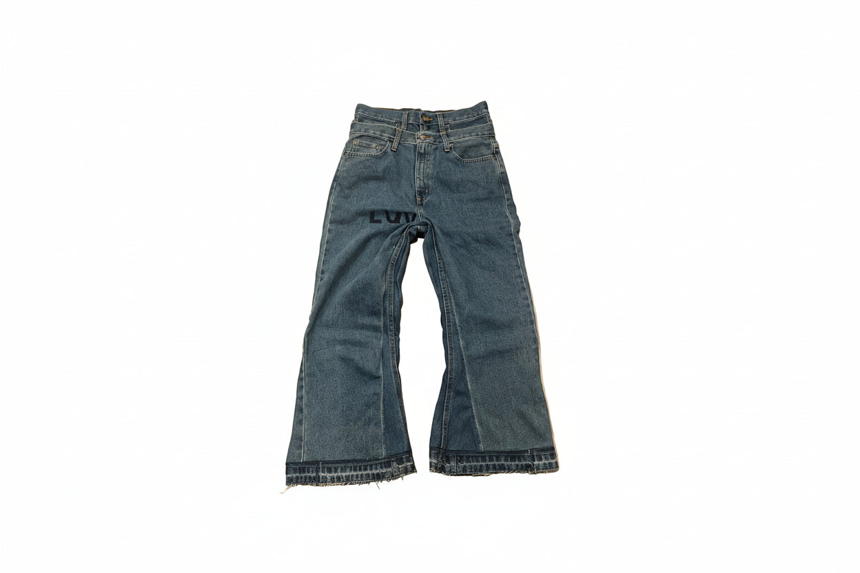 dark wash double waist denim baggy flare jeans