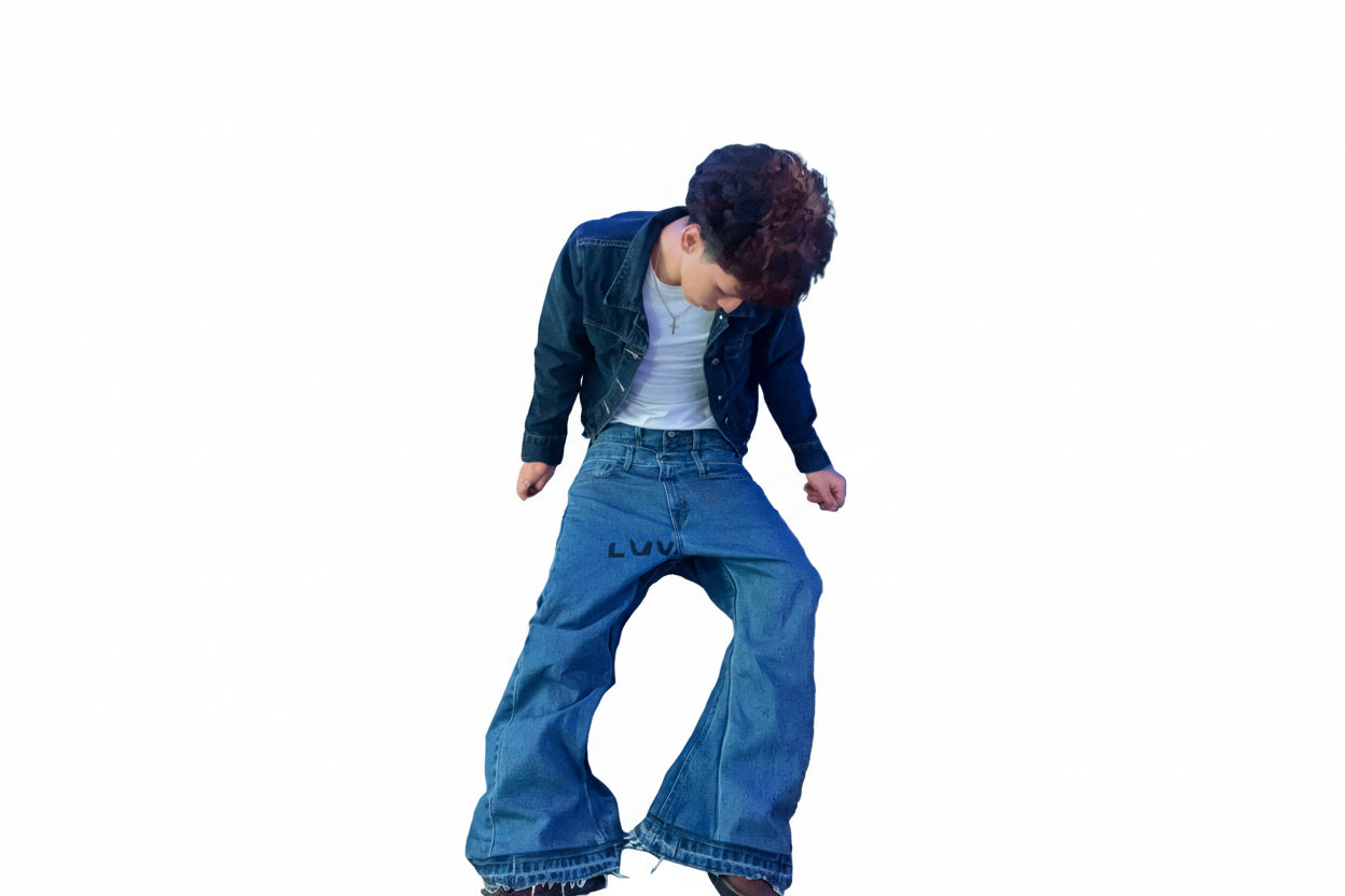 dark wash double waist denim baggy flare jeans