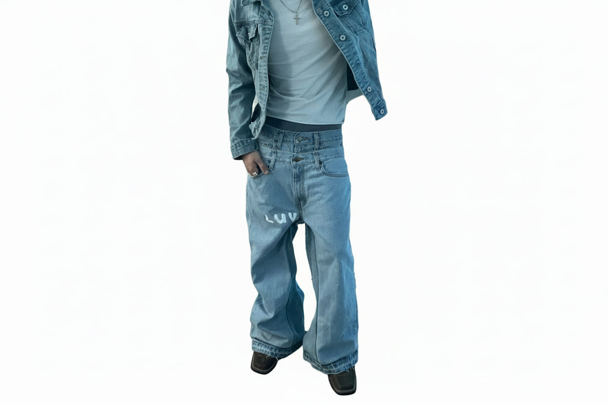 light wash double waist denim baggy flare jeans