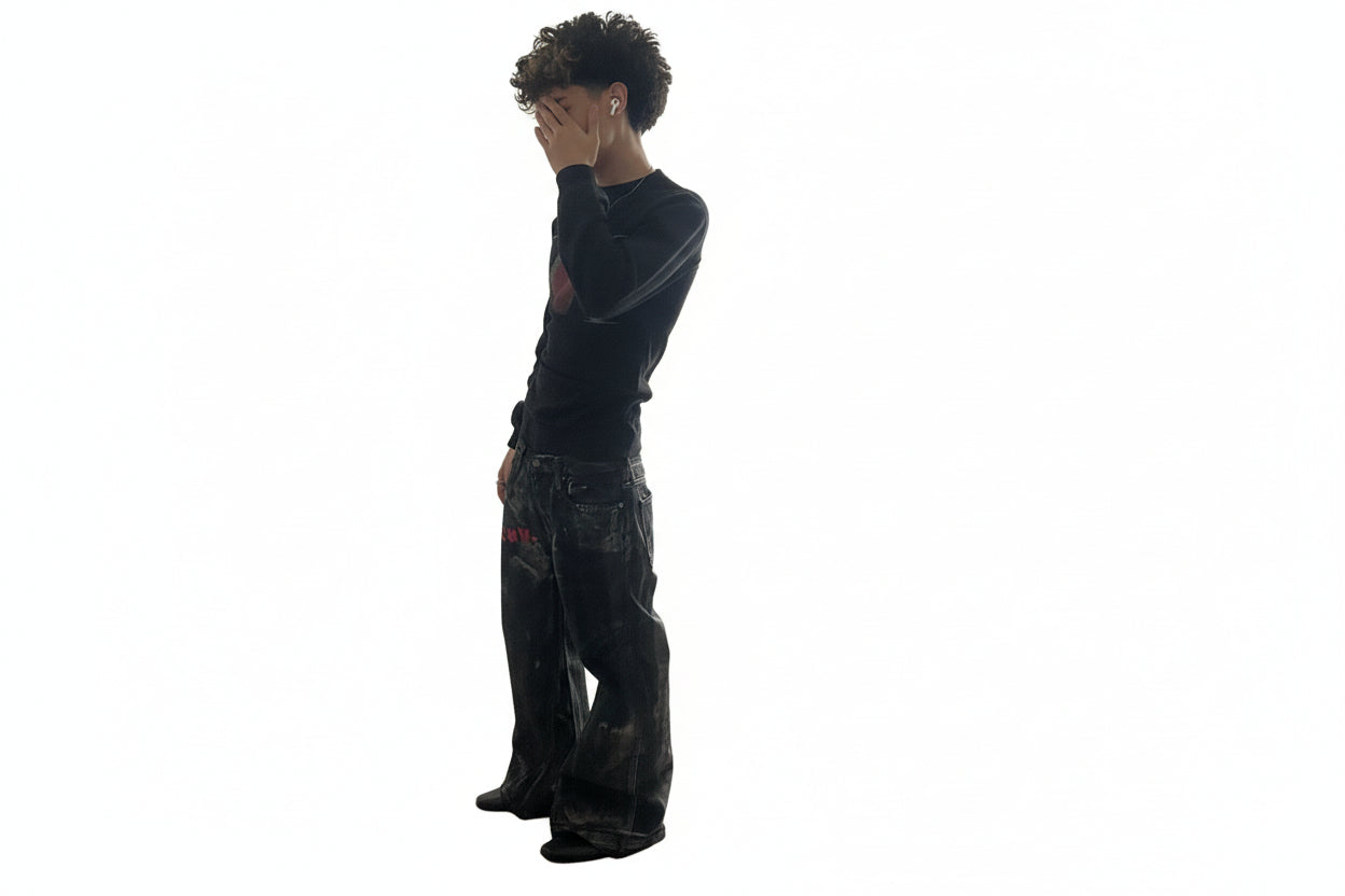 black (WAX) baggy flare jeans